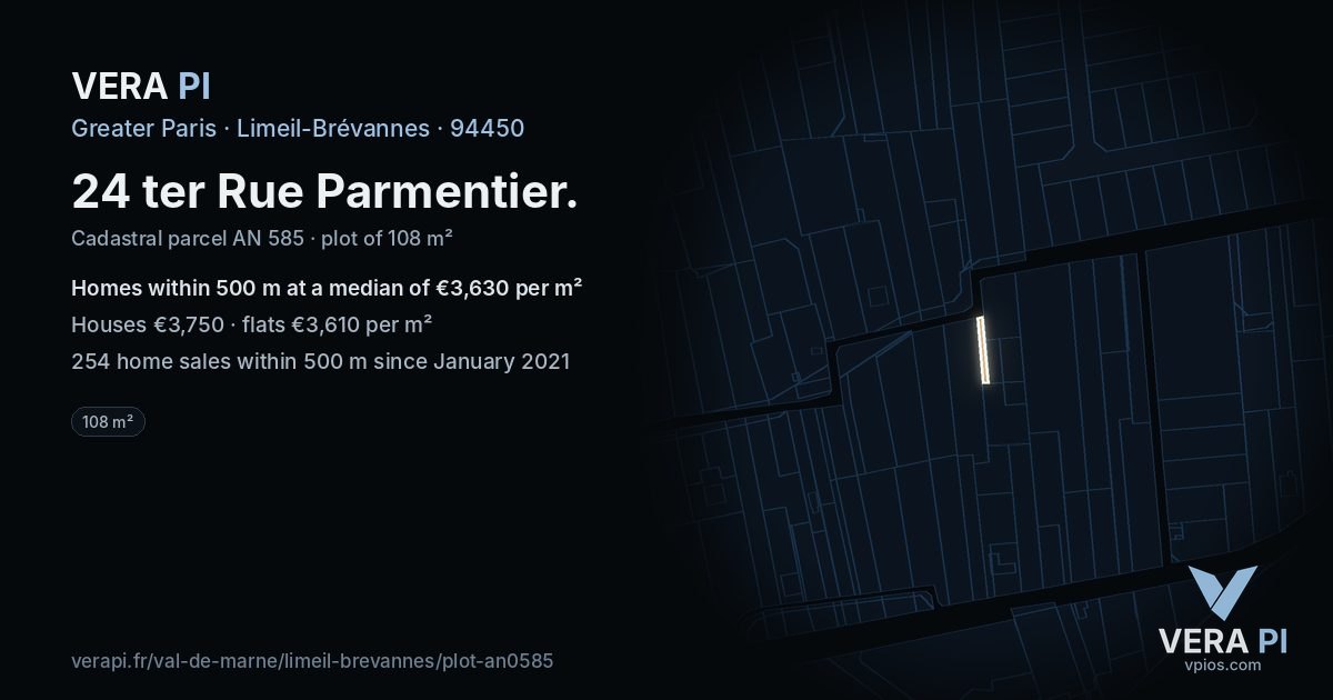 24 ter Rue Parmentier, Limeil-Brévannes at night – the plot lit, the parcels around coloured by the prices near them
