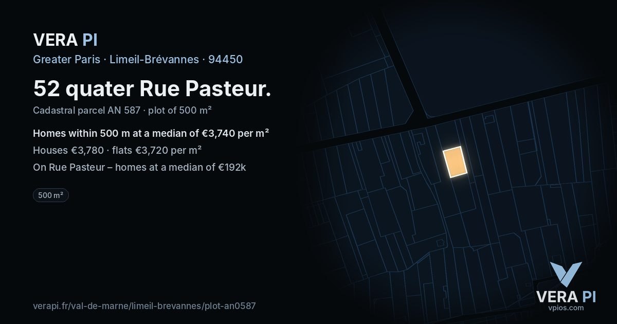 52 quater Rue Pasteur, Limeil-Brévannes at night – the plot lit, the parcels around coloured by the prices near them