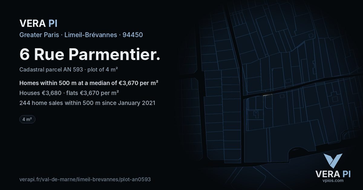 6 Rue Parmentier, Limeil-Brévannes at night – the plot lit, the parcels around coloured by the prices near them