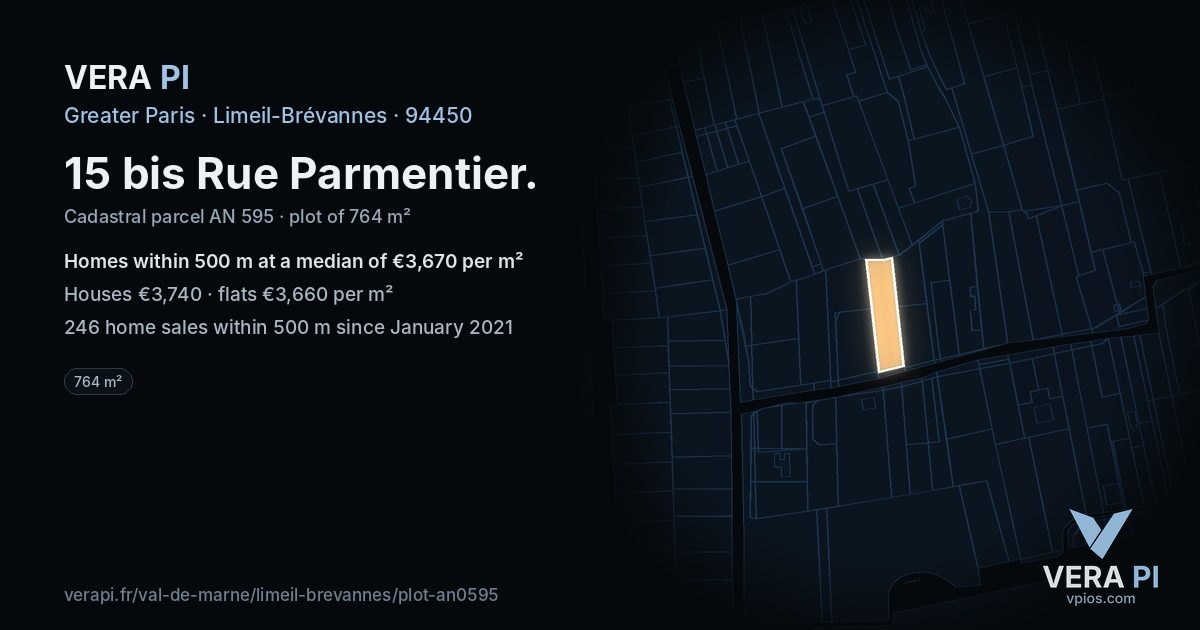 15 bis Rue Parmentier, Limeil-Brévannes at night – the plot lit, the parcels around coloured by the prices near them