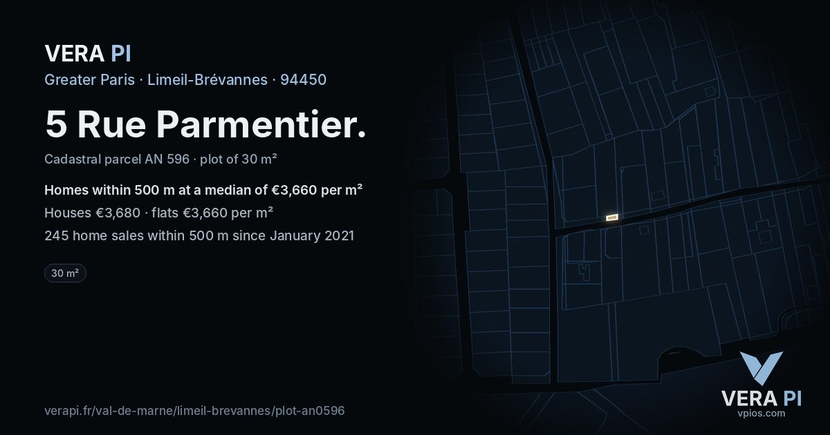 5 Rue Parmentier, Limeil-Brévannes at night – the plot lit, the parcels around coloured by the prices near them