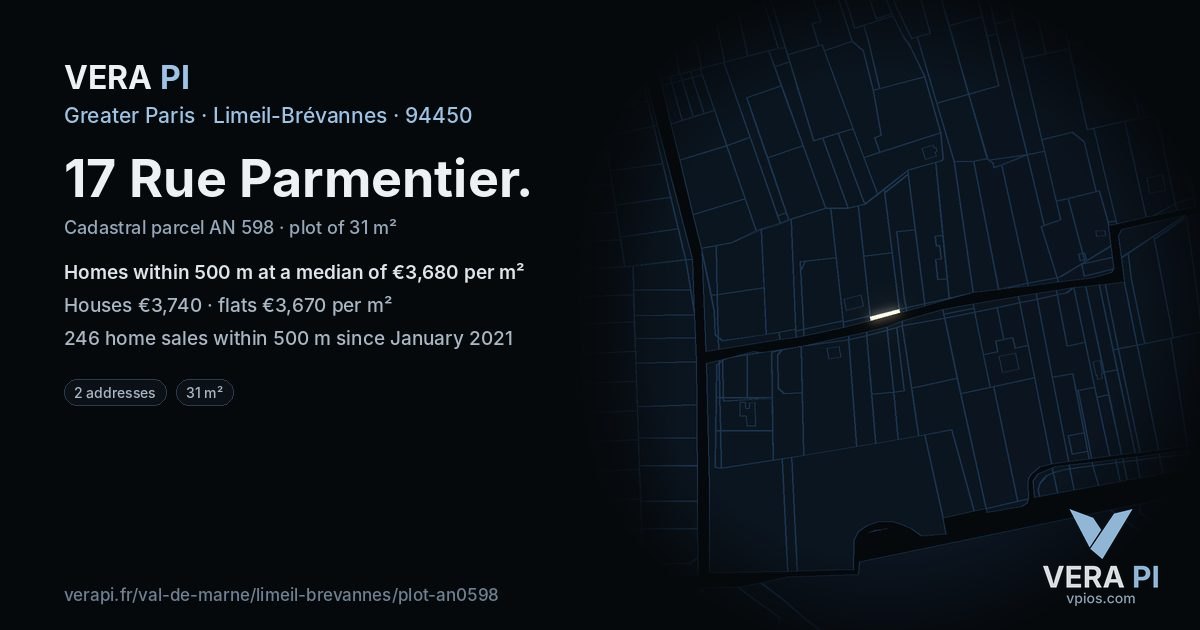 17 Rue Parmentier, Limeil-Brévannes at night – the plot lit, the parcels around coloured by the prices near them