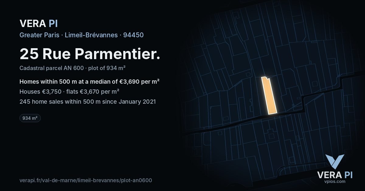 25 Rue Parmentier, Limeil-Brévannes at night – the plot lit, the parcels around coloured by the prices near them