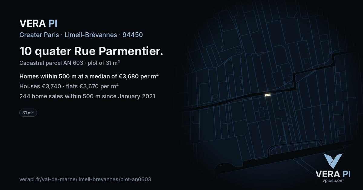 10 quater Rue Parmentier, Limeil-Brévannes at night – the plot lit, the parcels around coloured by the prices near them