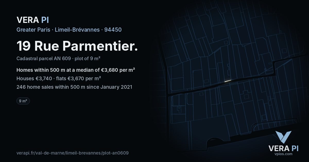 19 Rue Parmentier, Limeil-Brévannes at night – the plot lit, the parcels around coloured by the prices near them