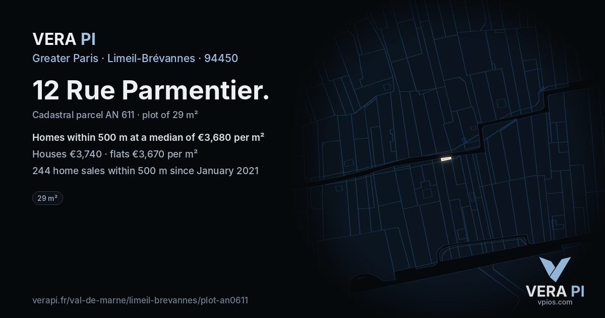 12 Rue Parmentier, Limeil-Brévannes at night – the plot lit, the parcels around coloured by the prices near them