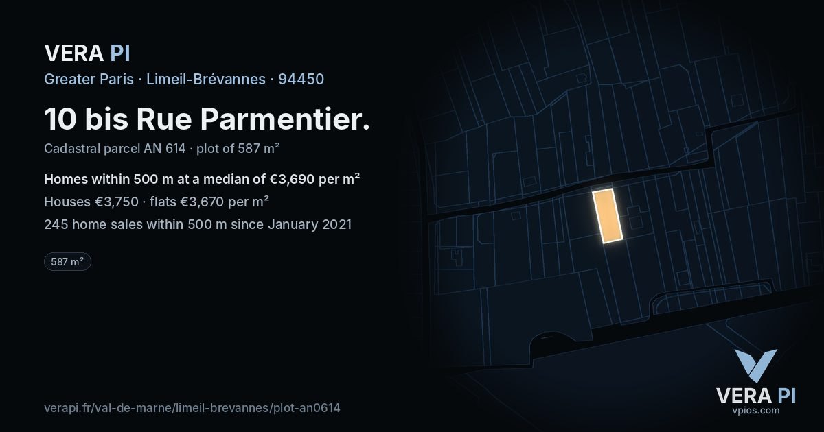 10 bis Rue Parmentier, Limeil-Brévannes at night – the plot lit, the parcels around coloured by the prices near them