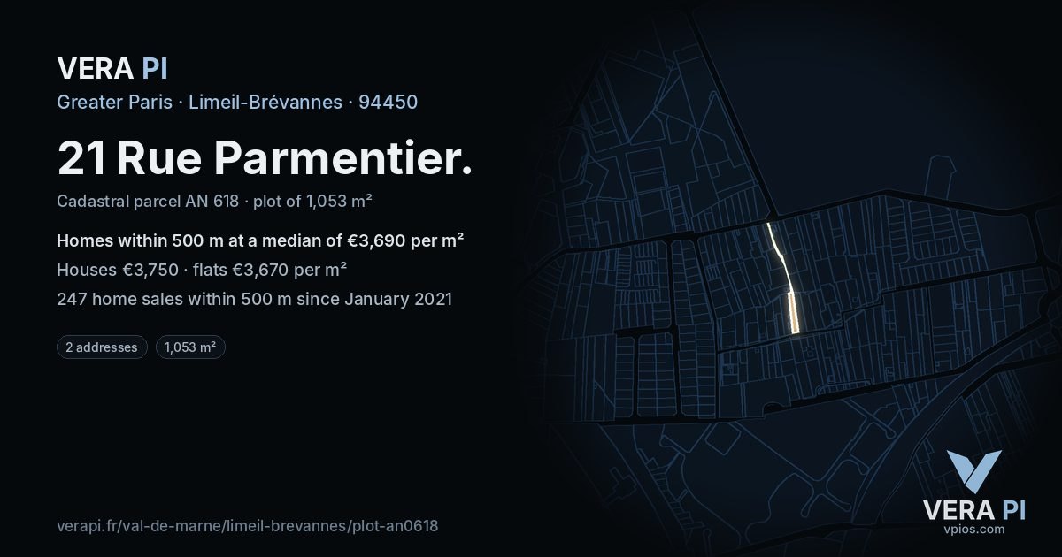 21 Rue Parmentier, Limeil-Brévannes at night – the plot lit, the parcels around coloured by the prices near them