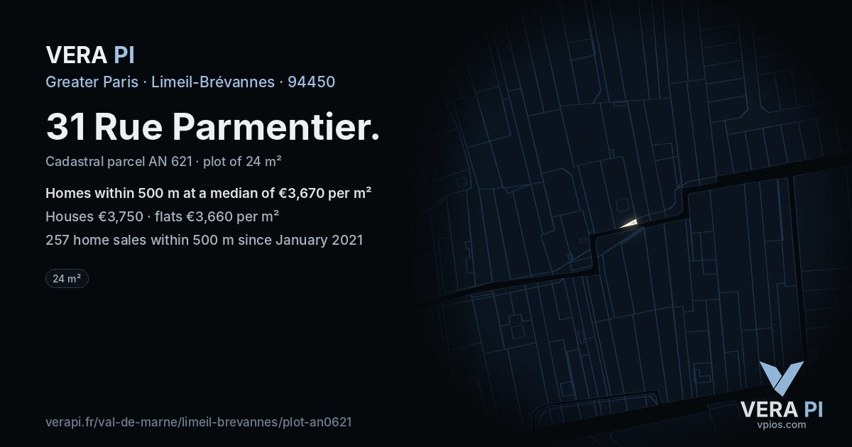 31 Rue Parmentier, Limeil-Brévannes at night – the plot lit, the parcels around coloured by the prices near them