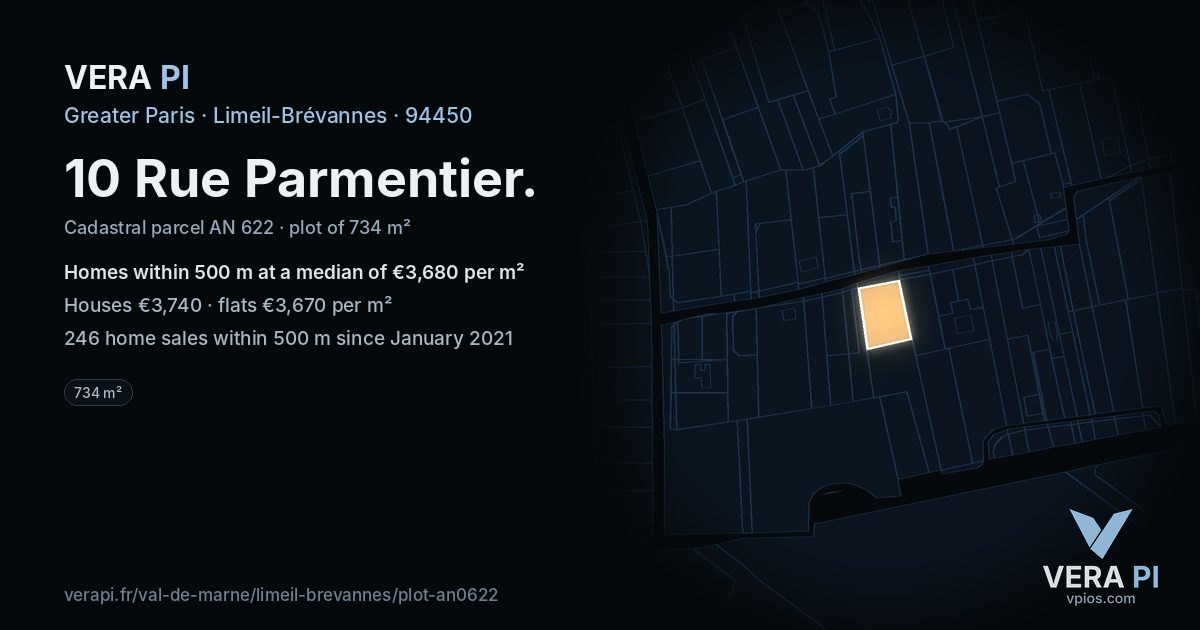 10 Rue Parmentier, Limeil-Brévannes at night – the plot lit, the parcels around coloured by the prices near them
