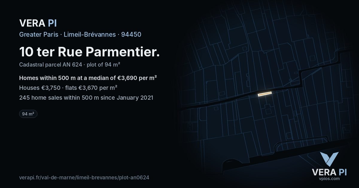 10 ter Rue Parmentier, Limeil-Brévannes at night – the plot lit, the parcels around coloured by the prices near them