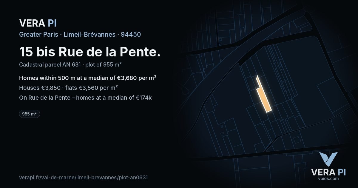 15 bis Rue de la Pente, Limeil-Brévannes at night – the plot lit, the parcels around coloured by the prices near them