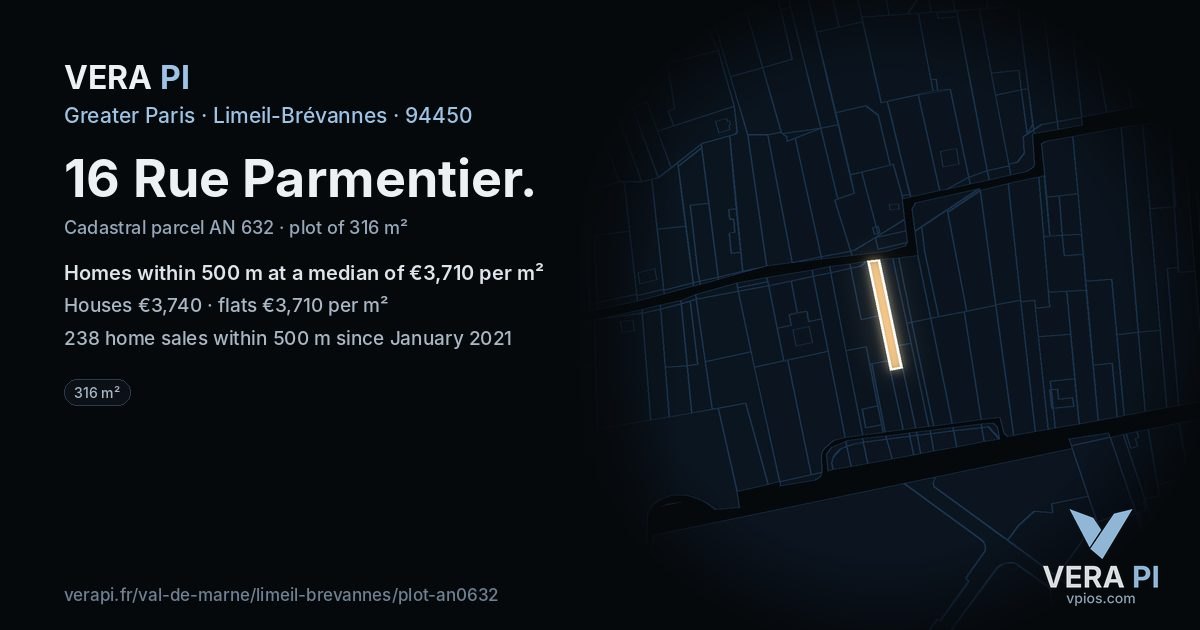 16 Rue Parmentier, Limeil-Brévannes at night – the plot lit, the parcels around coloured by the prices near them