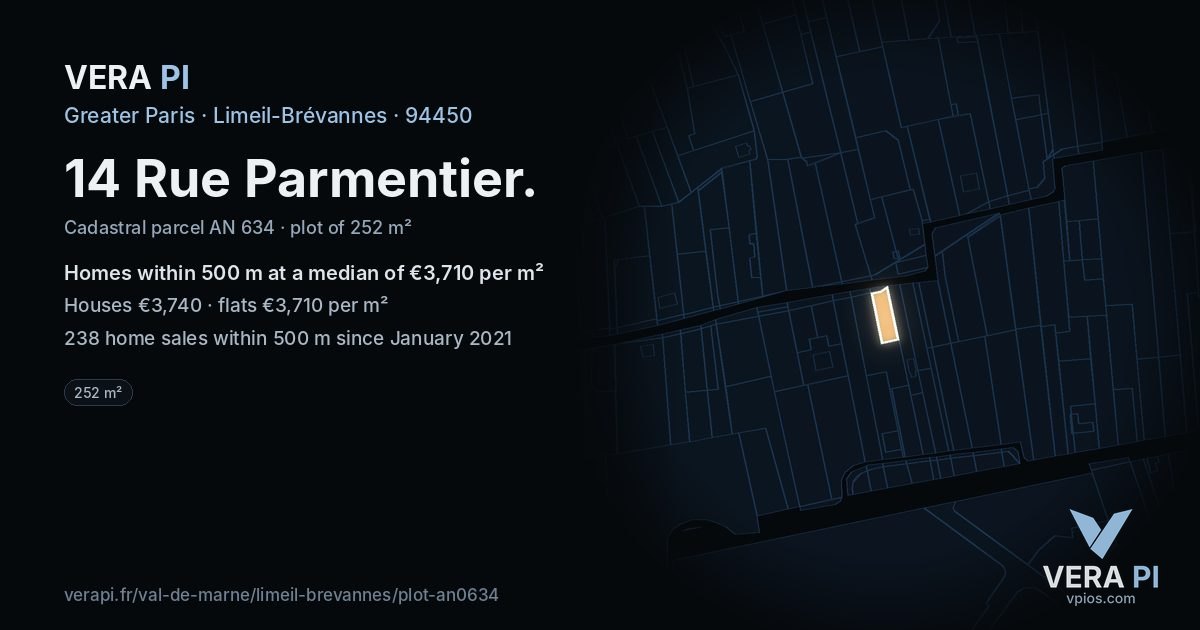 14 Rue Parmentier, Limeil-Brévannes at night – the plot lit, the parcels around coloured by the prices near them