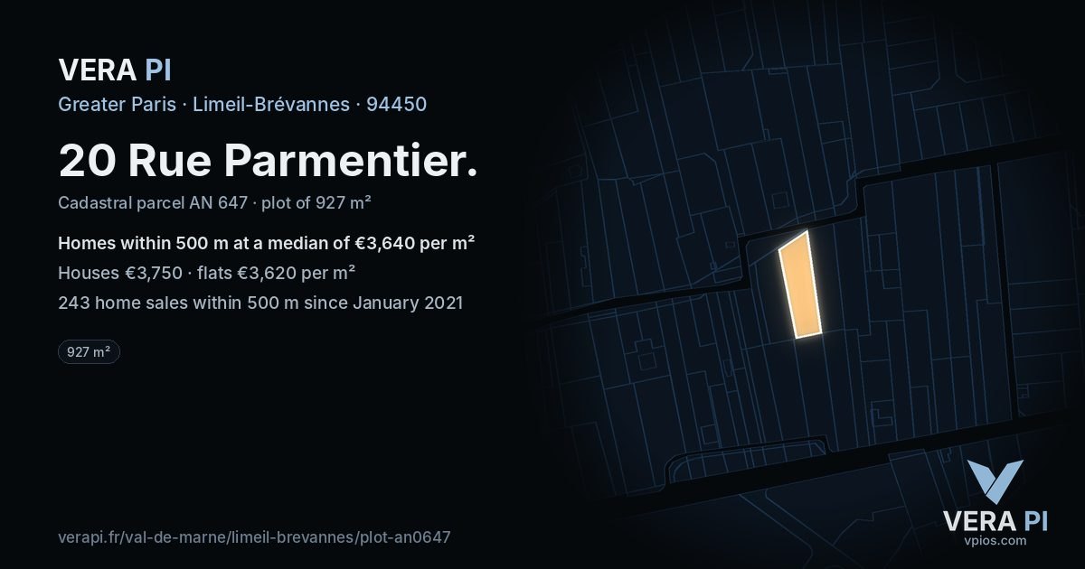 20 Rue Parmentier, Limeil-Brévannes at night – the plot lit, the parcels around coloured by the prices near them