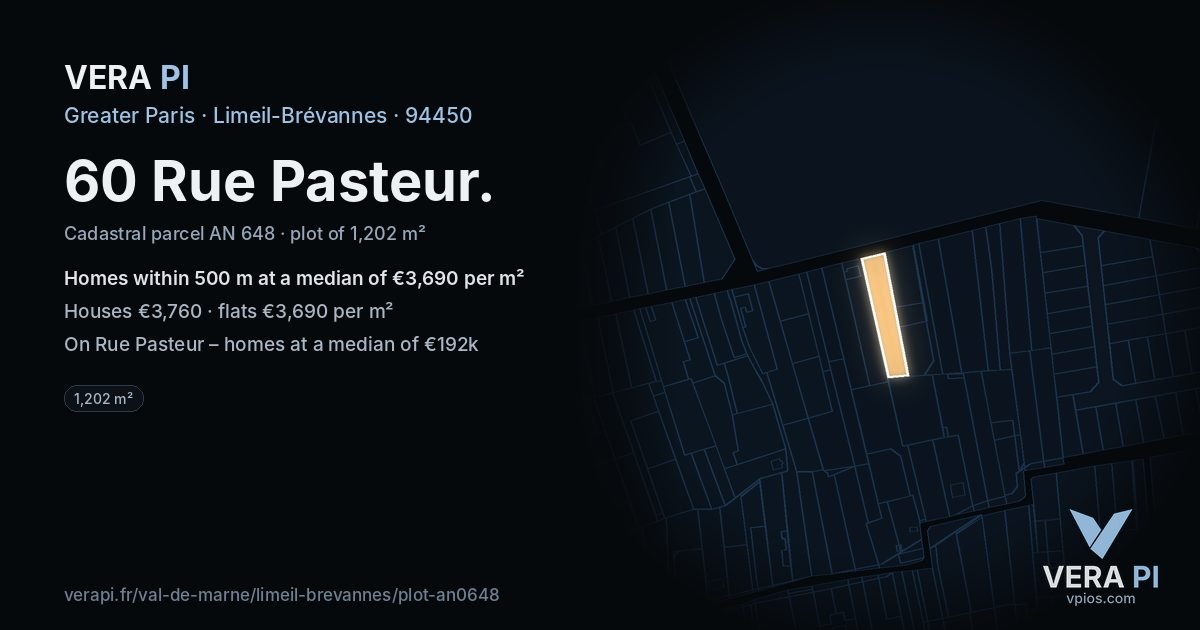 60 Rue Pasteur, Limeil-Brévannes at night – the plot lit, the parcels around coloured by the prices near them