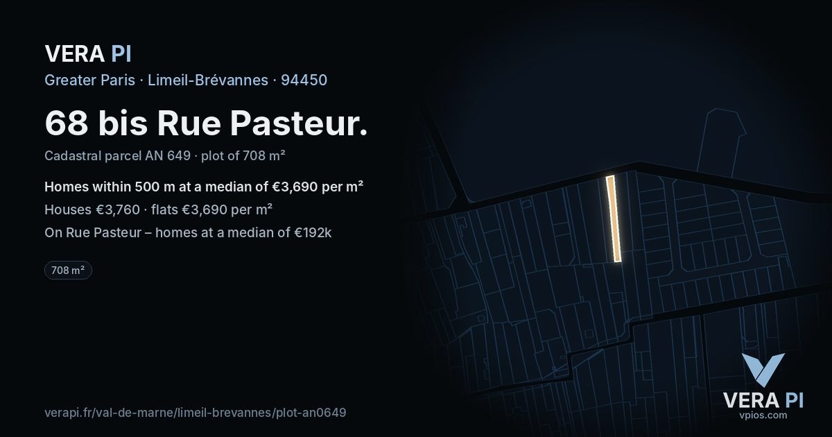 68 bis Rue Pasteur, Limeil-Brévannes at night – the plot lit, the parcels around coloured by the prices near them