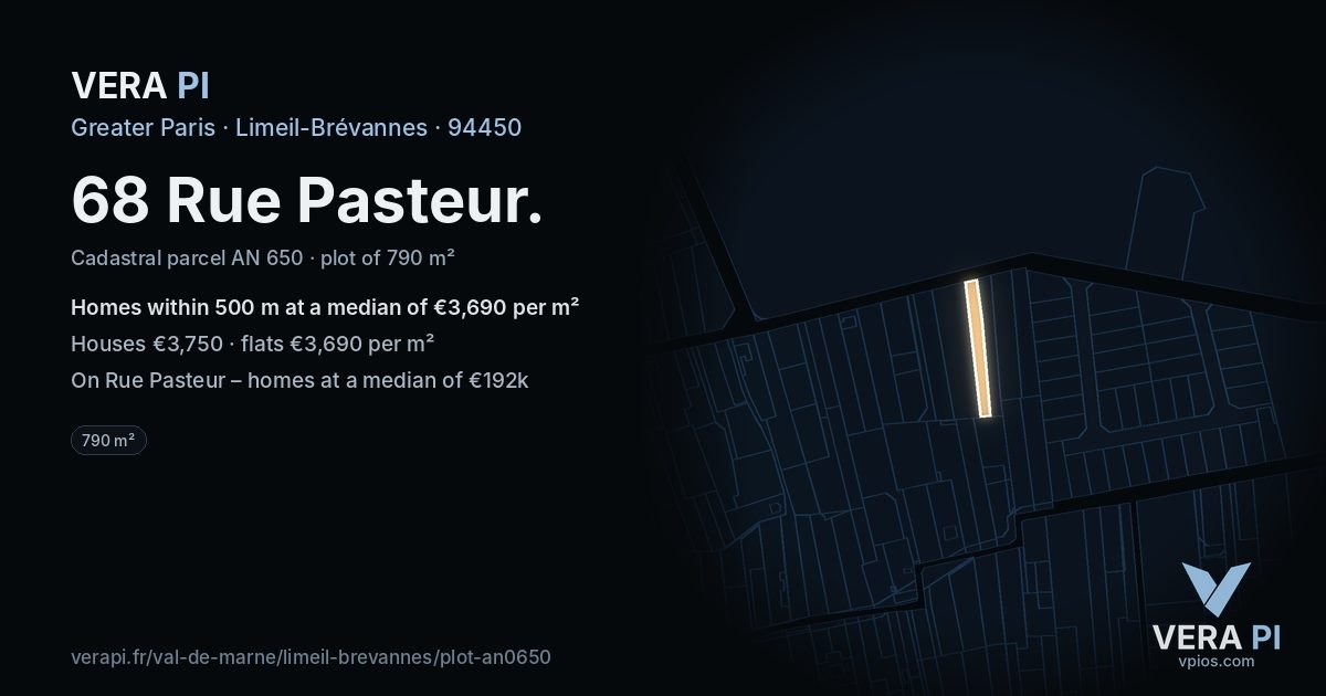68 Rue Pasteur, Limeil-Brévannes at night – the plot lit, the parcels around coloured by the prices near them
