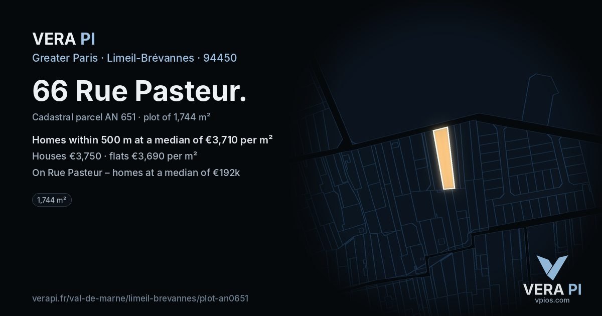 66 Rue Pasteur, Limeil-Brévannes at night – the plot lit, the parcels around coloured by the prices near them