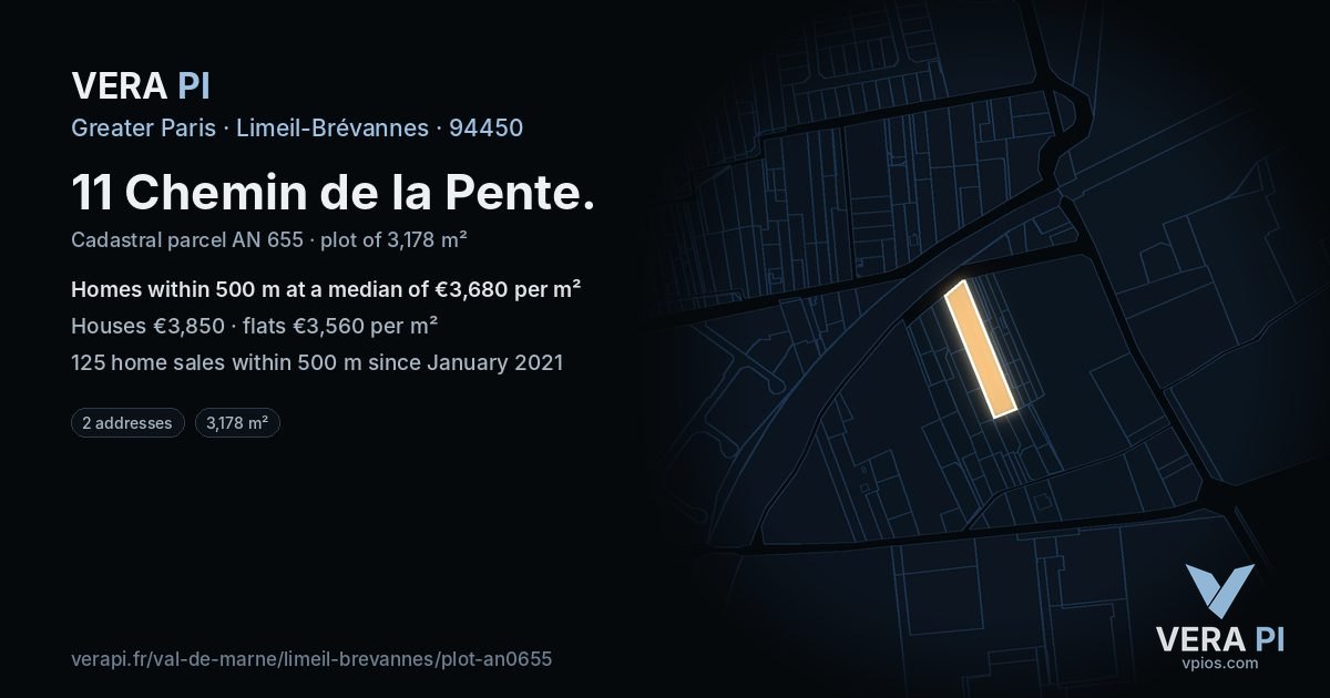 11 Chemin de la Pente, Limeil-Brévannes at night – the plot lit, the parcels around coloured by the prices near them
