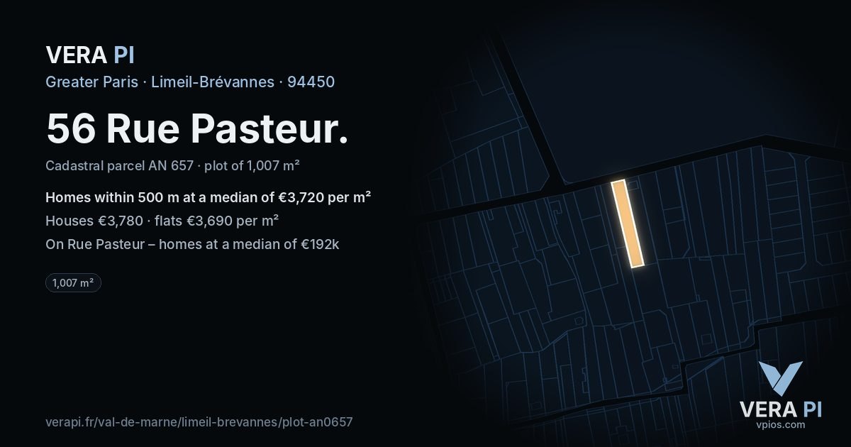 56 Rue Pasteur, Limeil-Brévannes at night – the plot lit, the parcels around coloured by the prices near them