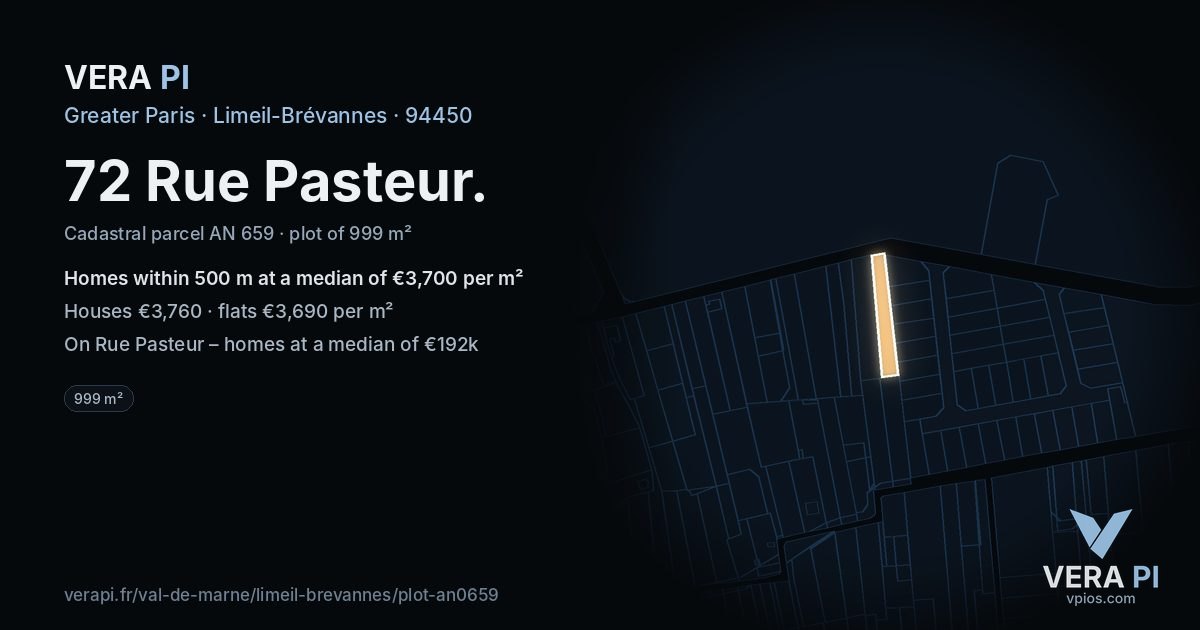 72 Rue Pasteur, Limeil-Brévannes at night – the plot lit, the parcels around coloured by the prices near them