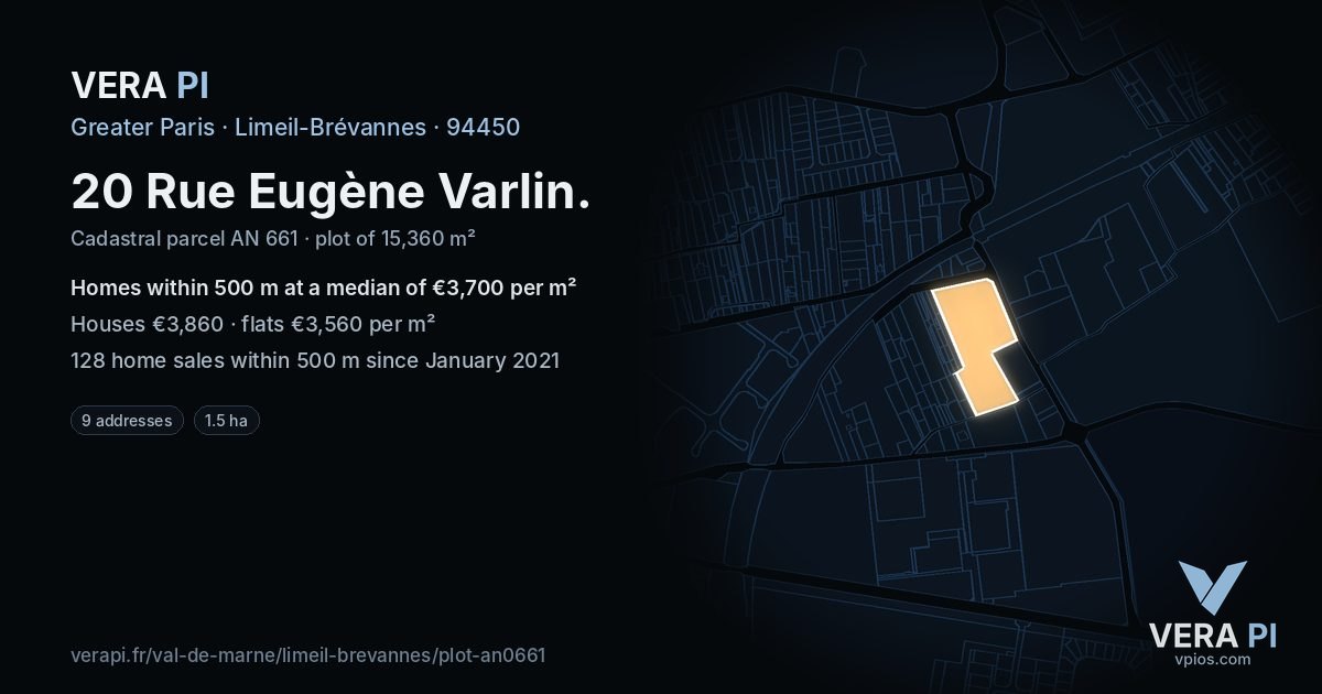 20 Rue Eugène Varlin, Limeil-Brévannes at night – the plot lit, the parcels around coloured by the prices near them