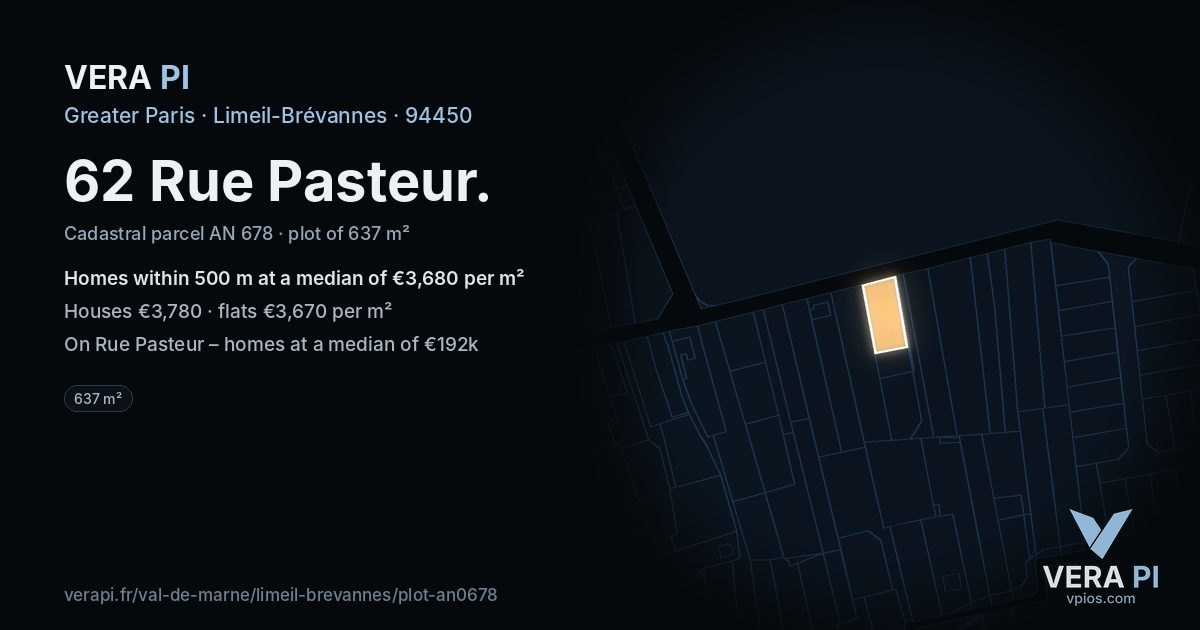 62 Rue Pasteur, Limeil-Brévannes at night – the plot lit, the parcels around coloured by the prices near them