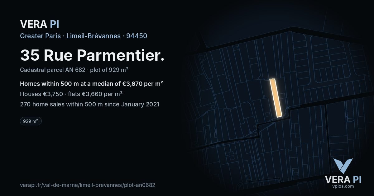 35 Rue Parmentier, Limeil-Brévannes at night – the plot lit, the parcels around coloured by the prices near them