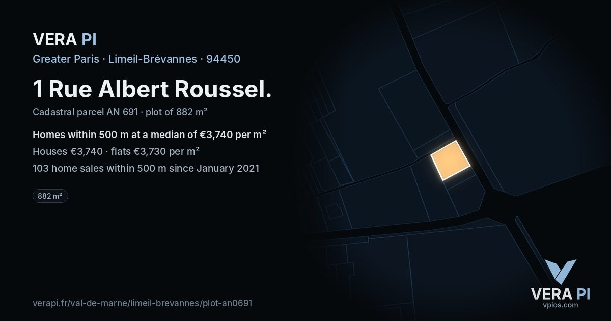 1 Rue Albert Roussel, Limeil-Brévannes at night – the plot lit, the parcels around coloured by the prices near them