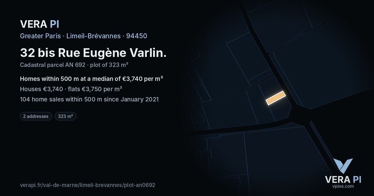 32 bis Rue Eugène Varlin, Limeil-Brévannes at night – the plot lit, the parcels around coloured by the prices near them
