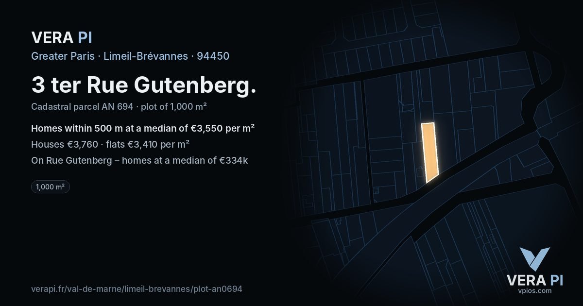 3 ter Rue Gutenberg, Limeil-Brévannes at night – the plot lit, the parcels around coloured by the prices near them
