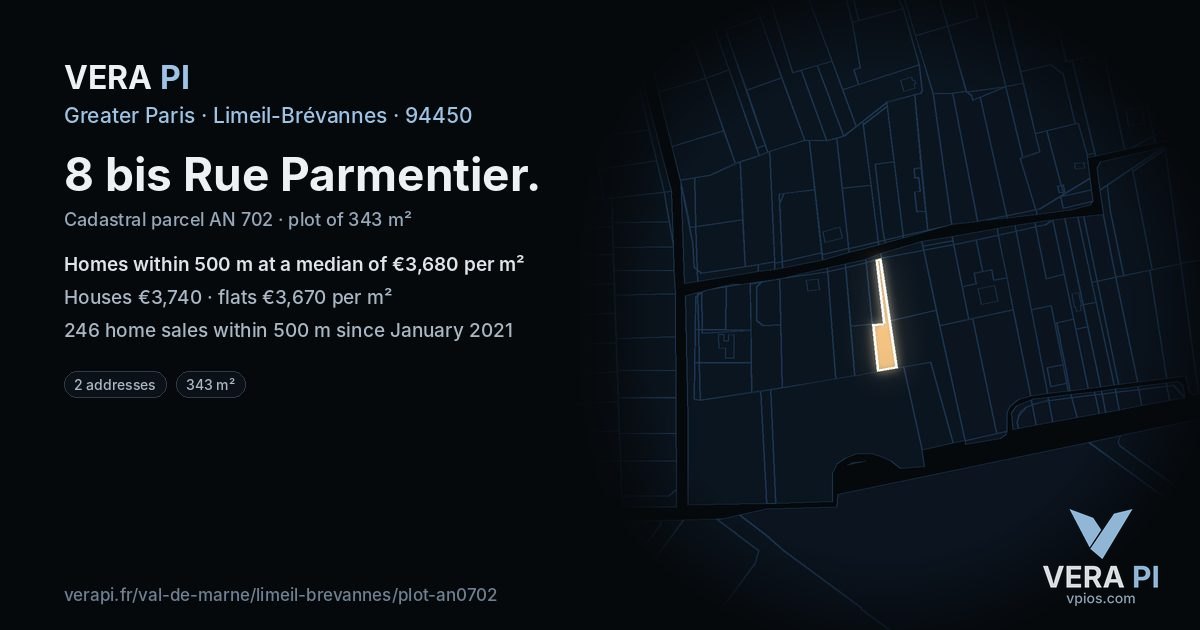 8 bis Rue Parmentier, Limeil-Brévannes at night – the plot lit, the parcels around coloured by the prices near them