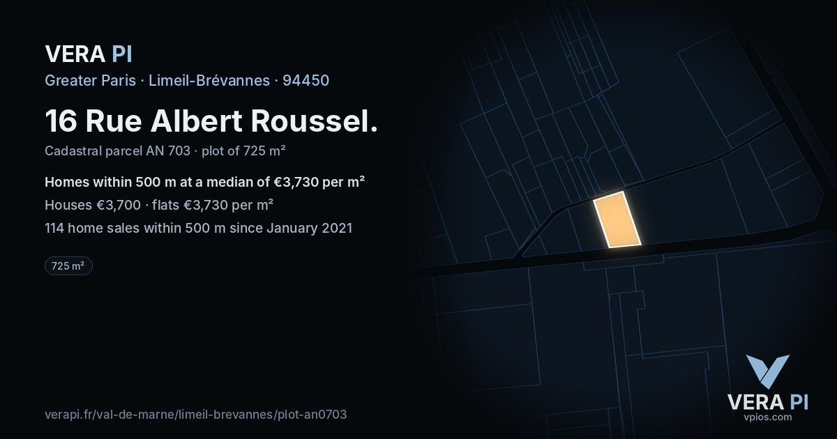 16 Rue Albert Roussel, Limeil-Brévannes at night – the plot lit, the parcels around coloured by the prices near them