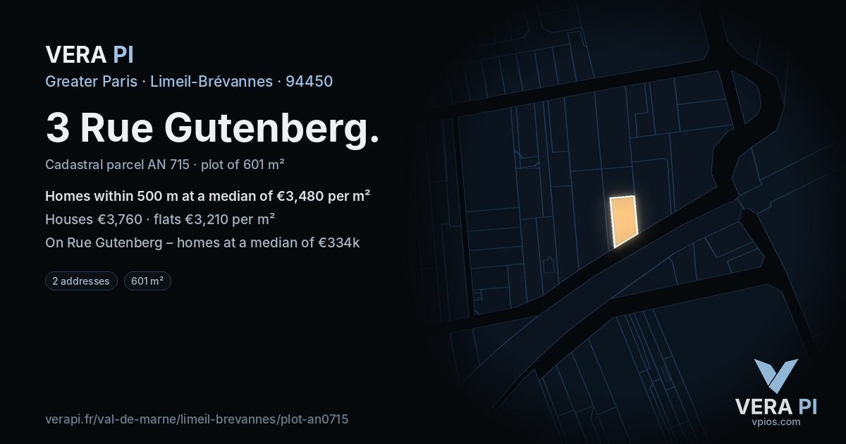 3 Rue Gutenberg, Limeil-Brévannes at night – the plot lit, the parcels around coloured by the prices near them