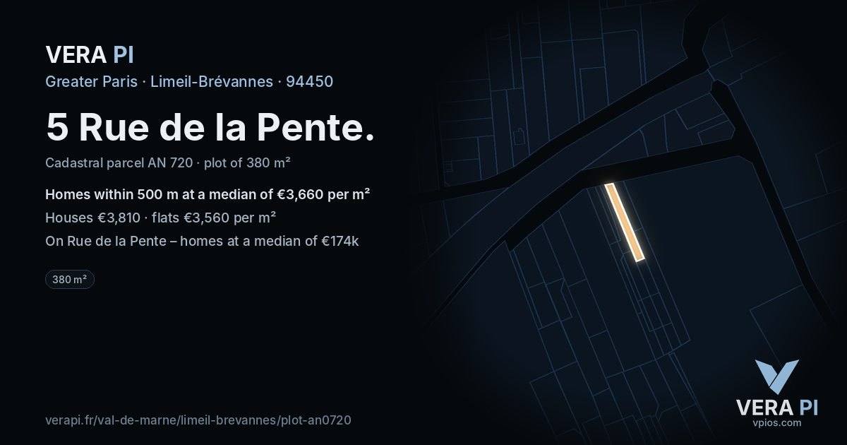 5 Rue de la Pente, Limeil-Brévannes at night – the plot lit, the parcels around coloured by the prices near them