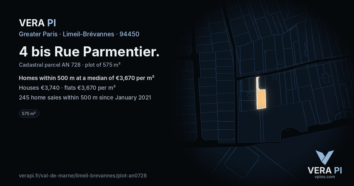 4 bis Rue Parmentier, Limeil-Brévannes at night – the plot lit, the parcels around coloured by the prices near them