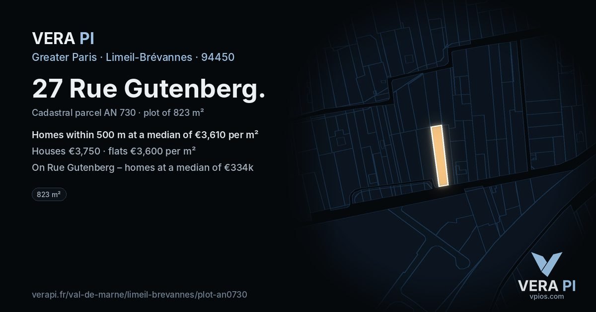 27 Rue Gutenberg, Limeil-Brévannes at night – the plot lit, the parcels around coloured by the prices near them