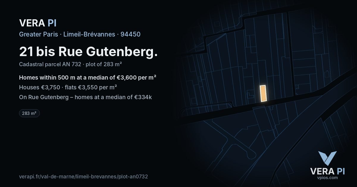 21 bis Rue Gutenberg, Limeil-Brévannes at night – the plot lit, the parcels around coloured by the prices near them