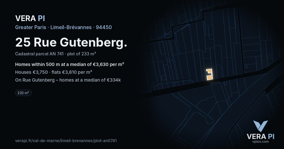 25 Rue Gutenberg, Limeil-Brévannes at night – the plot lit, the parcels around coloured by the prices near them