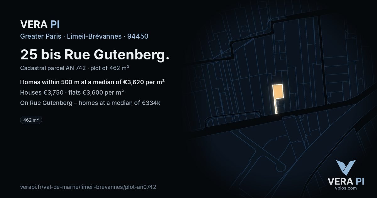 25 bis Rue Gutenberg, Limeil-Brévannes at night – the plot lit, the parcels around coloured by the prices near them