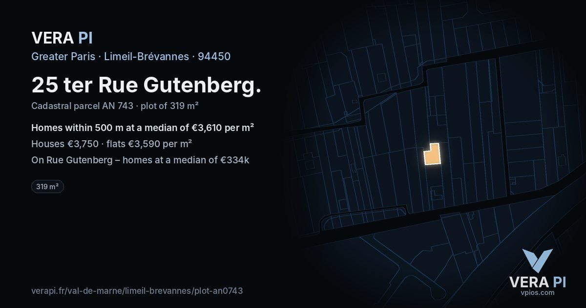 25 ter Rue Gutenberg, Limeil-Brévannes at night – the plot lit, the parcels around coloured by the prices near them