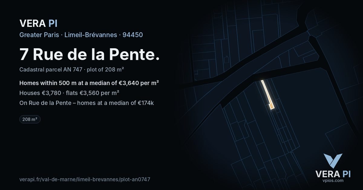 7 Rue de la Pente, Limeil-Brévannes at night – the plot lit, the parcels around coloured by the prices near them