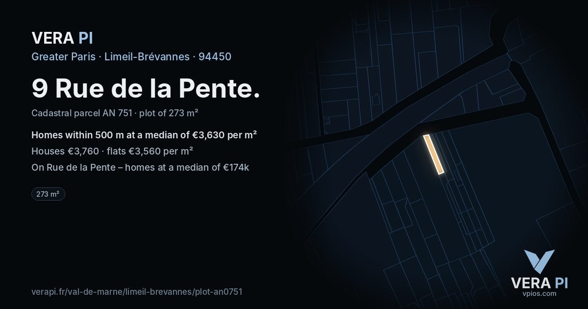 9 Rue de la Pente, Limeil-Brévannes at night – the plot lit, the parcels around coloured by the prices near them