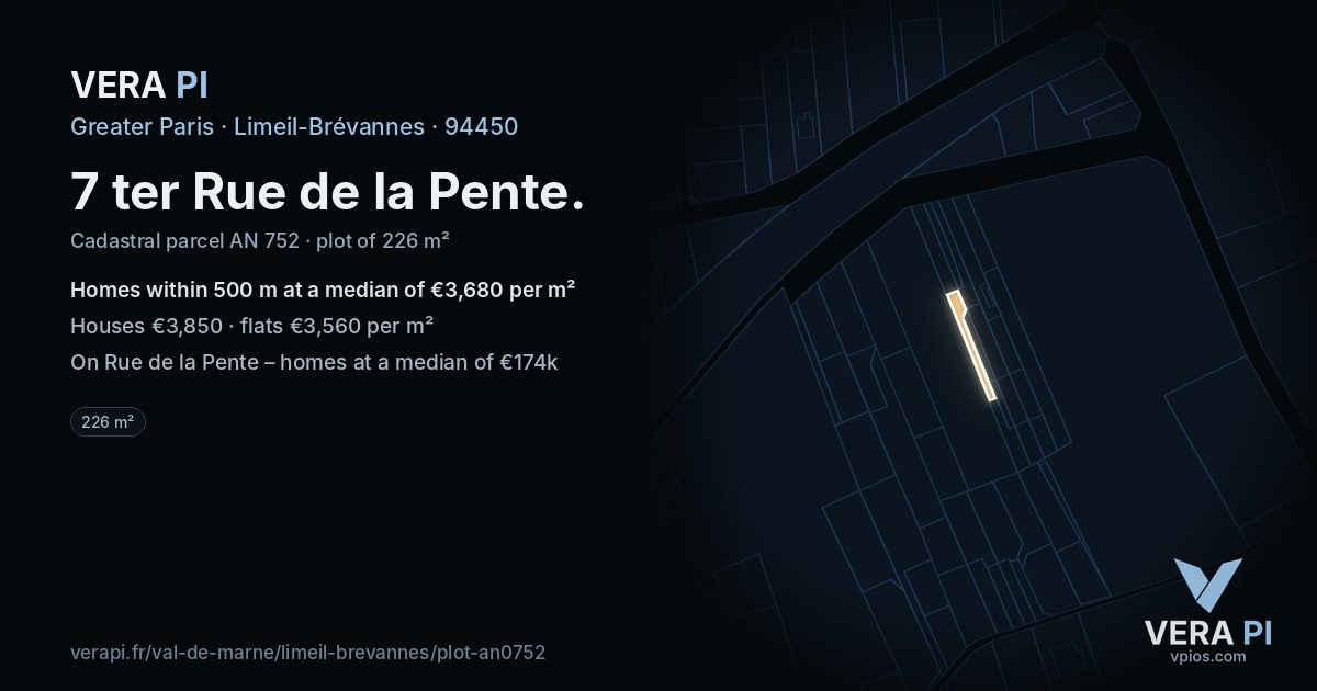 7 ter Rue de la Pente, Limeil-Brévannes at night – the plot lit, the parcels around coloured by the prices near them