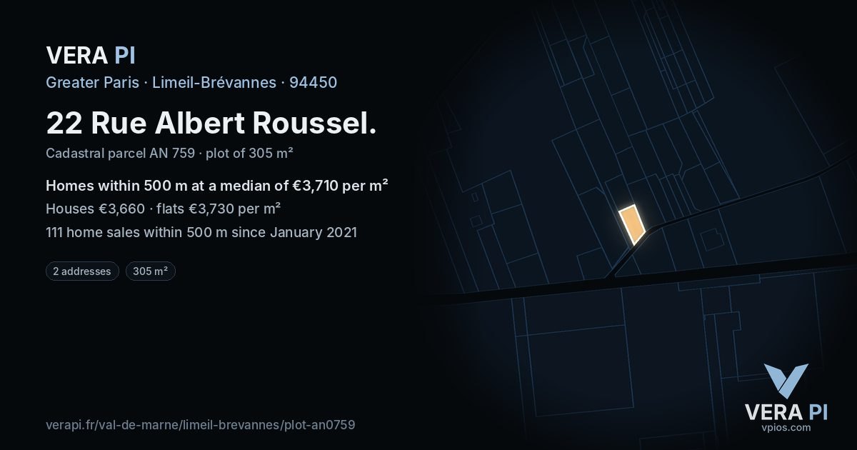 22 Rue Albert Roussel, Limeil-Brévannes at night – the plot lit, the parcels around coloured by the prices near them