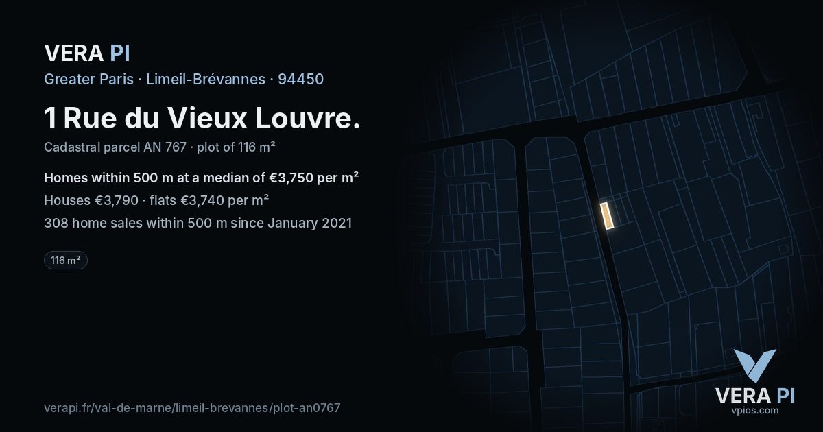 1 Rue du Vieux Louvre, Limeil-Brévannes at night – the plot lit, the parcels around coloured by the prices near them