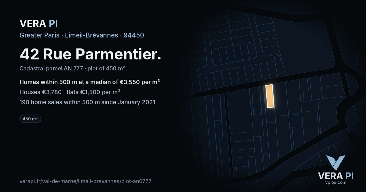 42 Rue Parmentier, Limeil-Brévannes at night – the plot lit, the parcels around coloured by the prices near them