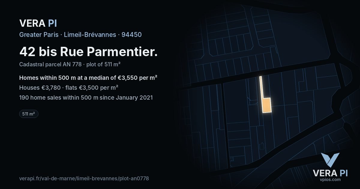 42 bis Rue Parmentier, Limeil-Brévannes at night – the plot lit, the parcels around coloured by the prices near them