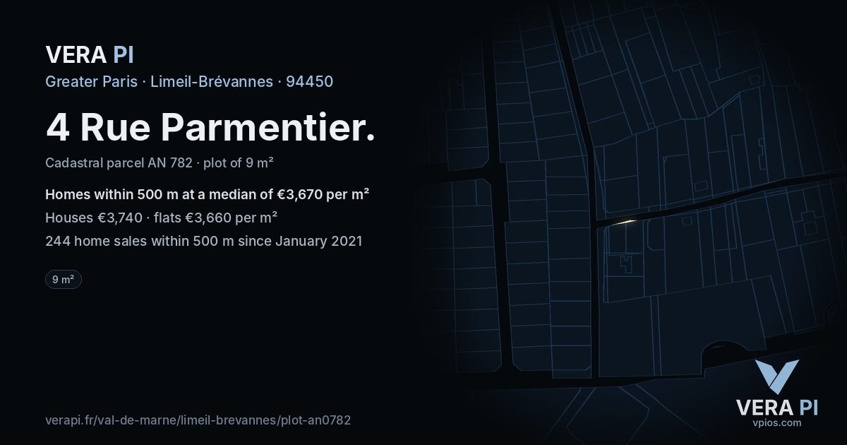4 Rue Parmentier, Limeil-Brévannes at night – the plot lit, the parcels around coloured by the prices near them